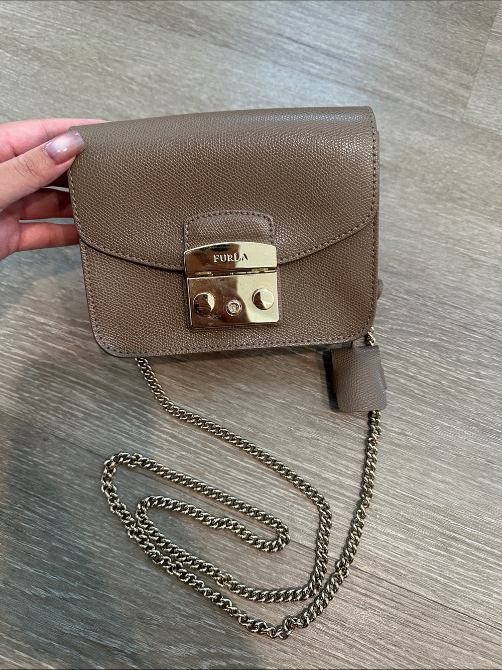 Furla Taupe Leather Mini Crossbody with Gold Lock